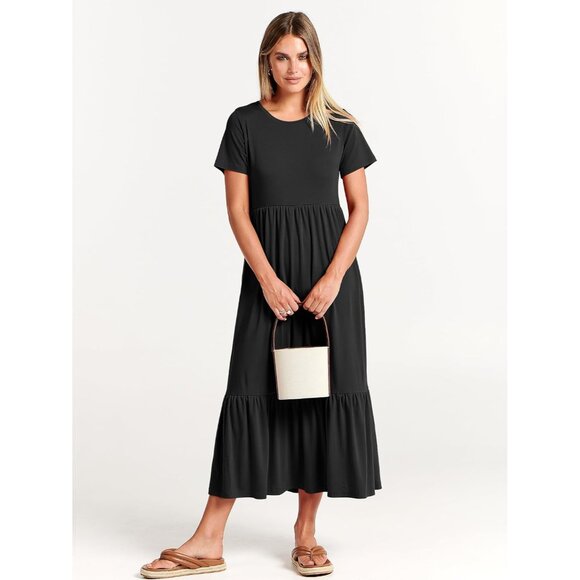 Womens Maxi Dress Casual Flowy Tiered Short Sleeve Crew Neck Beach Travel - Picture 2 of 9